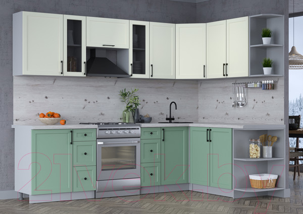Изображение товара Кухонный гарнитур Интерлиния Тренд 1.7x2.7 правая (мята/белый/бискайская сосна)