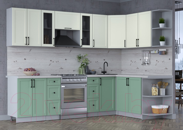 Изображение товара Кухонный гарнитур Интерлиния Тренд 1.7x2.8 правая (мята/белый/бискайская сосна)