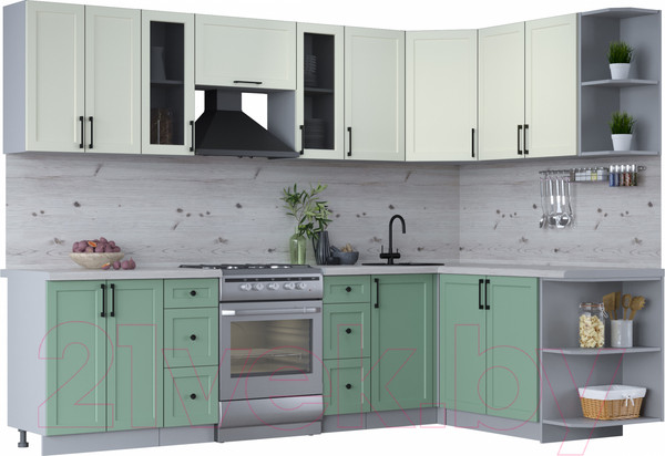 Изображение товара Кухонный гарнитур Интерлиния Тренд 1.7x2.8 правая (мята/белый/бискайская сосна)