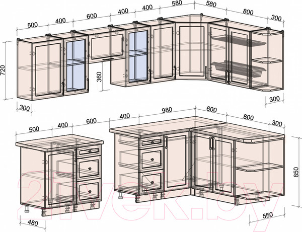 Изображение товара Кухонный гарнитур Интерлиния Тренд 1.7x2.9 правая (мята/белый/бискайская сосна)