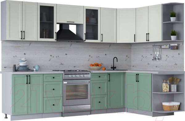 Изображение товара Кухонный гарнитур Интерлиния Тренд 1.7x3.0 правая (мята/белый/бискайская сосна)
