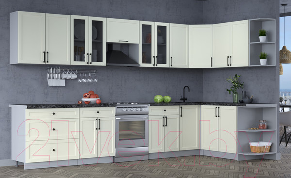 Изображение товара Кухонный гарнитур Интерлиния Тренд 1.7x3.6 правая (белый/белый/кастилло темный)