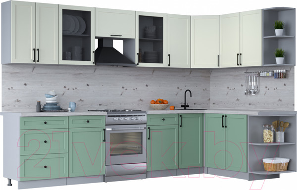Изображение товара Кухонный гарнитур Интерлиния Тренд 1.7x3.2 правая (мята/белый/бискайская сосна)
