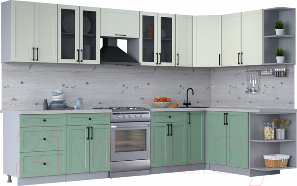 Изображение товара Кухонный гарнитур Интерлиния Тренд 1.7x3.3 правая (мята/белый/бискайская сосна)