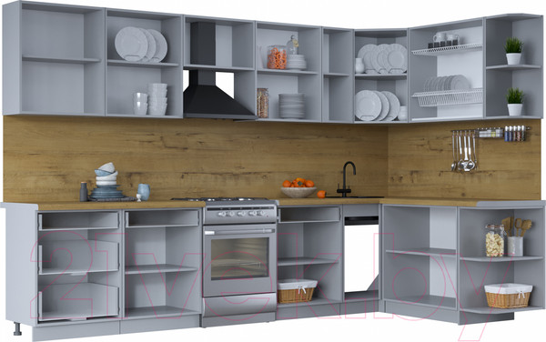 Изображение товара Кухонный гарнитур Интерлиния Тренд 1.7x3.3 правая (мята/белый/бискайская сосна)