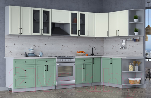 Изображение товара Кухонный гарнитур Интерлиния Тренд 1.7x3.3 правая (мята/белый/бискайская сосна)