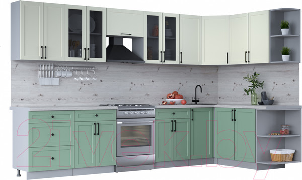 Изображение товара Кухонный гарнитур Интерлиния Тренд 1.7x3.4 правая (мята/белый/бискайская сосна)