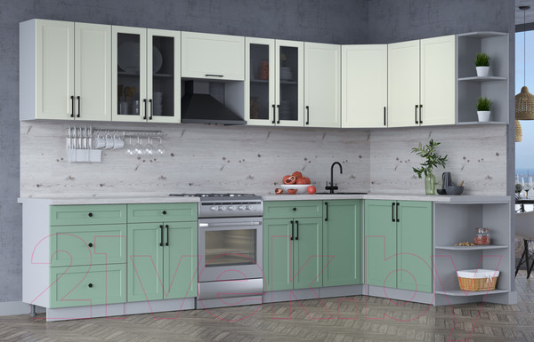 Изображение товара Кухонный гарнитур Интерлиния Тренд 1.7x3.4 правая (мята/белый/бискайская сосна)