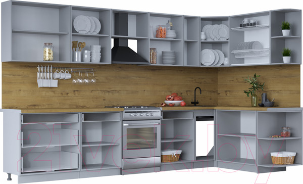 Изображение товара Кухонный гарнитур Интерлиния Тренд 1.7x3.5 правая (мята/белый/бискайская сосна)