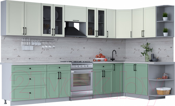 Изображение товара Кухонный гарнитур Интерлиния Тренд 1.7x3.5 правая (мята/белый/бискайская сосна)