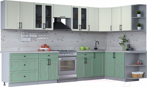 Изображение товара Кухонный гарнитур Интерлиния Тренд 1.7x3.6 правая (мята/белый/бискайская сосна)