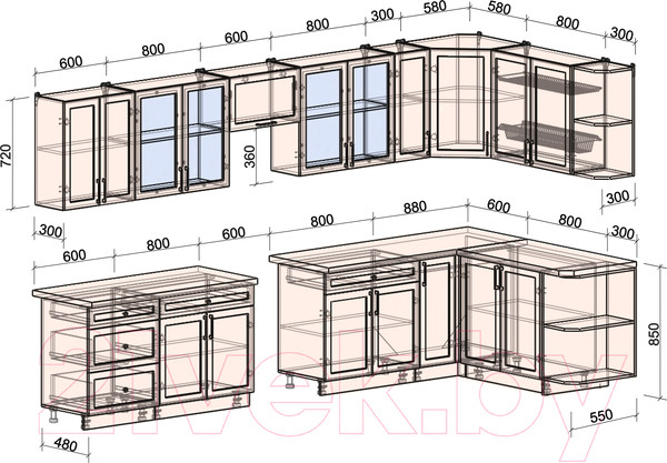 Изображение товара Кухонный гарнитур Интерлиния Тренд 1.7x3.7 правая (мята/белый/бискайская сосна)