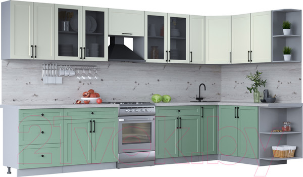 Изображение товара Кухонный гарнитур Интерлиния Тренд 1.7x3.7 правая (мята/белый/бискайская сосна)