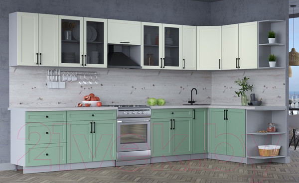 Изображение товара Кухонный гарнитур Интерлиния Тренд 1.7x3.7 правая (мята/белый/бискайская сосна)