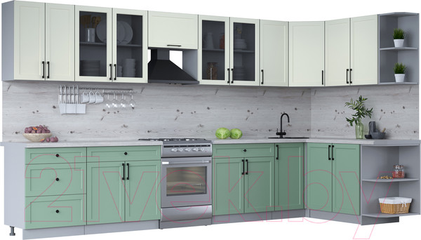 Изображение товара Кухонный гарнитур Интерлиния Тренд 1.7x3.8 правая (мята/белый/бискайская сосна)