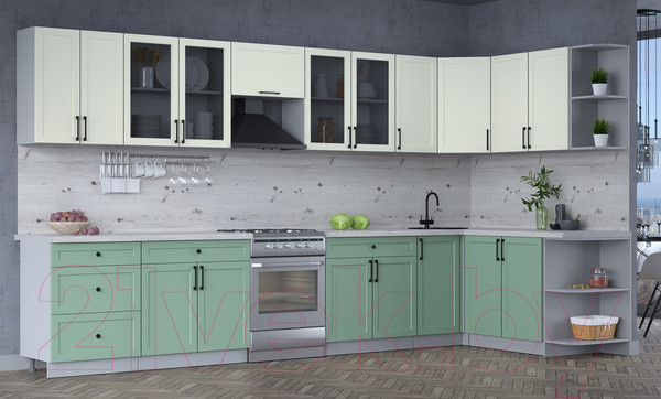 Изображение товара Кухонный гарнитур Интерлиния Тренд 1.7x3.8 правая (мята/белый/бискайская сосна)