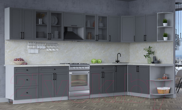 Изображение товара Кухонный гарнитур Интерлиния Тренд 1.7x3.8 правая (пепел/пепел/опал светлый)