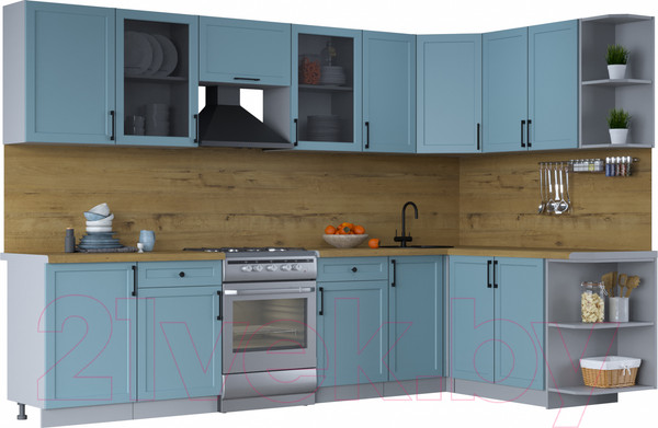 Изображение товара Кухонный гарнитур Интерлиния Тренд 1.7x3.1 правая (океан/океан/дуб бунратти)