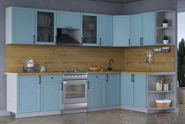 Изображение товара Кухонный гарнитур Интерлиния Тренд 1.7x3.1 правая (океан/океан/дуб бунратти)