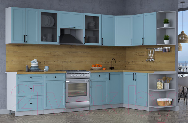 Изображение товара Кухонный гарнитур Интерлиния Тренд 1.7x3.2 правая (океан/океан/дуб бунратти)