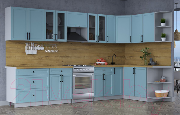 Изображение товара Кухонный гарнитур Интерлиния Тренд 1.7x3.5 правая (океан/океан/дуб бунратти)