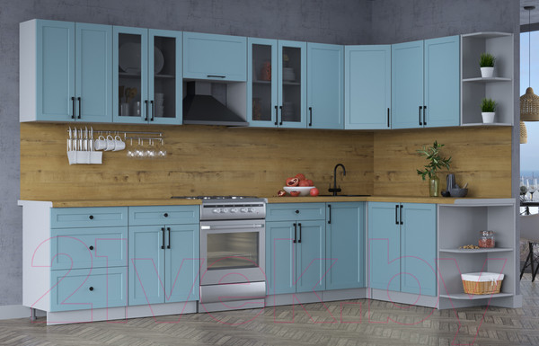 Изображение товара Кухонный гарнитур Интерлиния Тренд 1.7x3.4 правая (океан/океан/дуб бунратти)