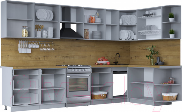 Изображение товара Кухонный гарнитур Интерлиния Тренд 1.7x3.4 правая (океан/океан/дуб бунратти)