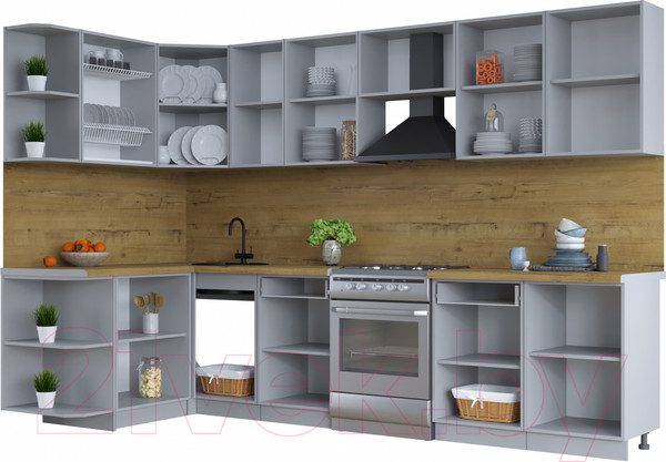 Изображение товара Кухонный гарнитур Интерлиния Тренд 1.5x3.1 левая (луна/белый/серый каспий)