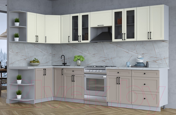 Изображение товара Кухонный гарнитур Интерлиния Тренд 1.5x3.3 левая (луна/белый/серый каспий)