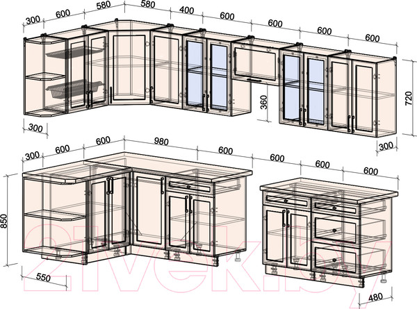 Изображение товара Кухонный гарнитур Интерлиния Тренд 1.5x3.4 левая (луна/белый/серый каспий)