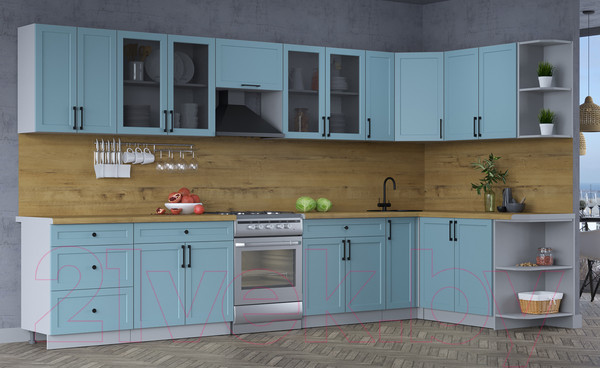 Изображение товара Кухонный гарнитур Интерлиния Тренд 1.7x3.7 правая (океан/океан/дуб бунратти)