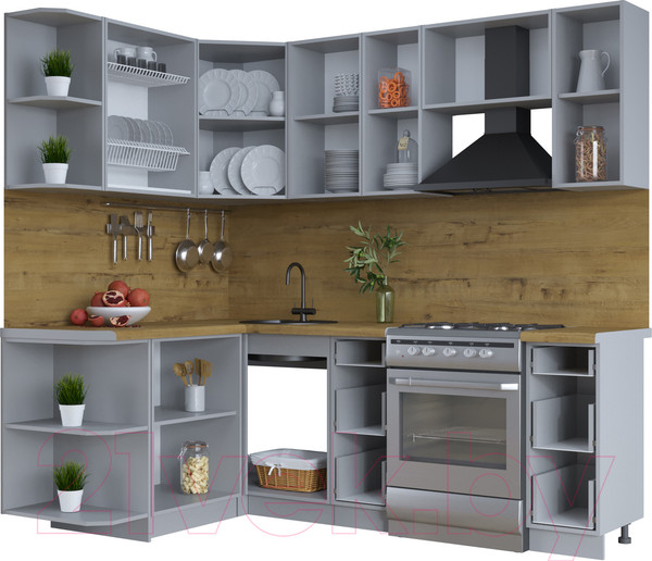 Изображение товара Кухонный гарнитур Интерлиния Тренд 1.5x2.2 левая (луна/луна/бискайская сосна)