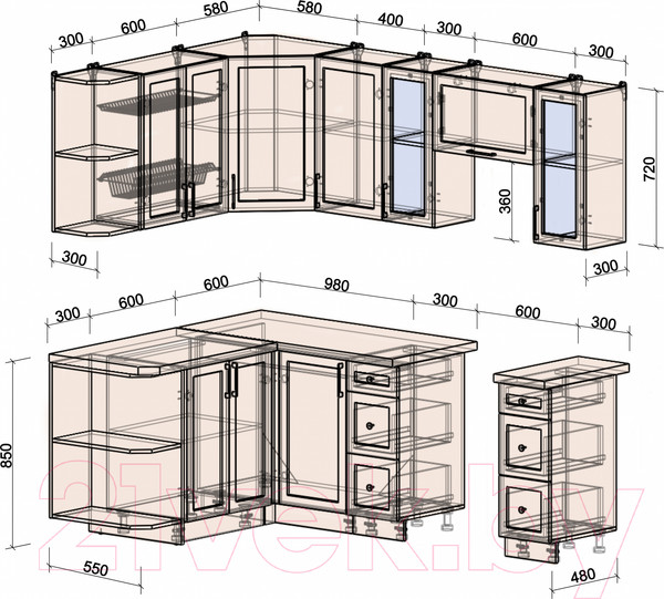 Изображение товара Кухонный гарнитур Интерлиния Тренд 1.5x2.2 левая (луна/луна/бискайская сосна)