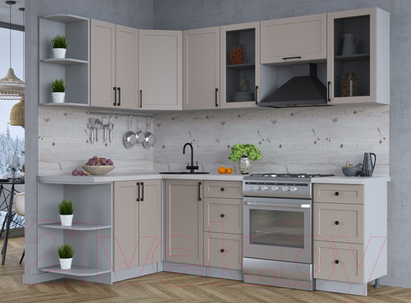 Изображение товара Кухонный гарнитур Интерлиния Тренд 1.5x2.4 левая (луна/луна/бискайская сосна)