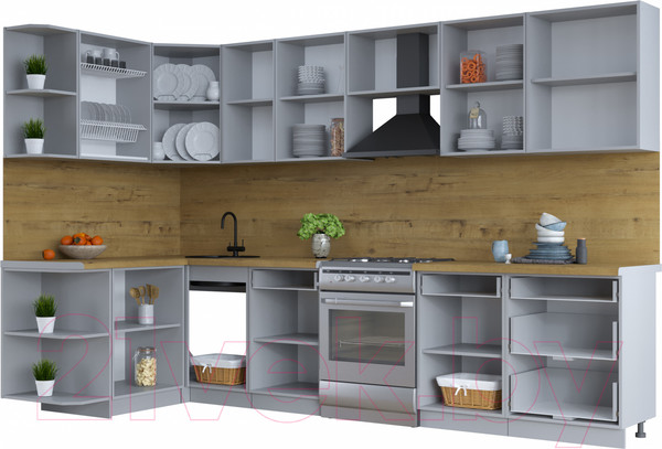 Изображение товара Кухонный гарнитур Интерлиния Тренд 1.5x3.2 левая (луна/луна/бискайская сосна)