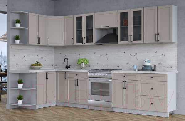 Изображение товара Кухонный гарнитур Интерлиния Тренд 1.5x3.3 левая (луна/луна/бискайская сосна)