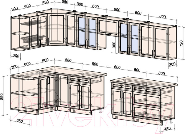 Изображение товара Кухонный гарнитур Интерлиния Тренд 1.5x3.5 левая (луна/луна/бискайская сосна)