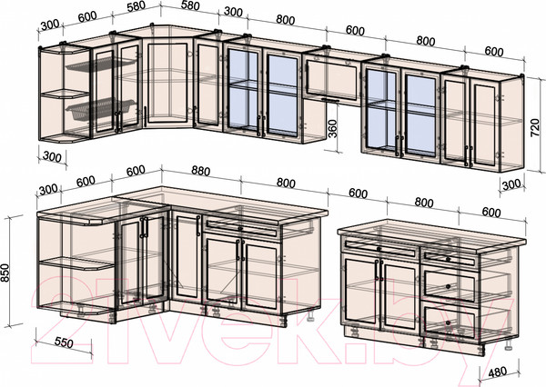 Изображение товара Кухонный гарнитур Интерлиния Тренд 1.5x3.7 левая (луна/луна/бискайская сосна)