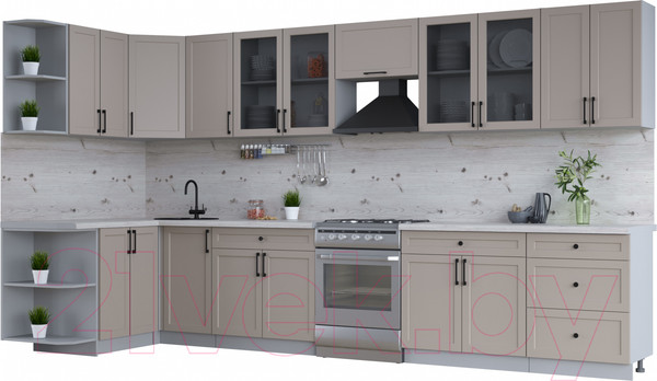 Изображение товара Кухонный гарнитур Интерлиния Тренд 1.5x3.8 левая (луна/луна/бискайская сосна)