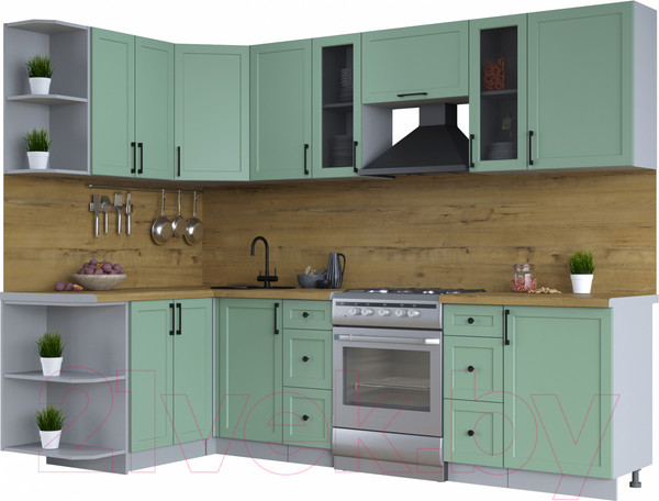 Изображение товара Кухонный гарнитур Интерлиния Тренд 1.5x2.7 левая (мята/мята/дуб бунратти)