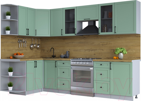Изображение товара Кухонный гарнитур Интерлиния Тренд 1.5x2.9 левая (мята/мята/дуб бунратти)