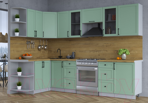 Изображение товара Кухонный гарнитур Интерлиния Тренд 1.5x2.9 левая (мята/мята/дуб бунратти)