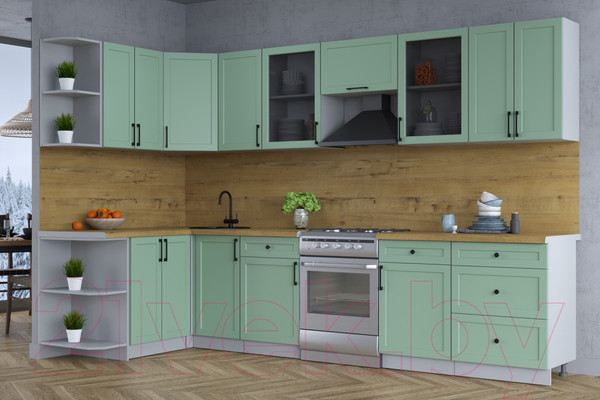 Изображение товара Кухонный гарнитур Интерлиния Тренд 1.5x3.2 левая (мята/мята/дуб бунратти)