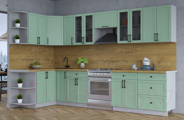 Изображение товара Кухонный гарнитур Интерлиния Тренд 1.5x3.3 левая (мята/мята/дуб бунратти)