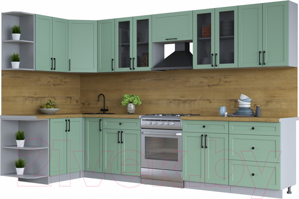 Изображение товара Кухонный гарнитур Интерлиния Тренд 1.5x3.3 левая (мята/мята/дуб бунратти)