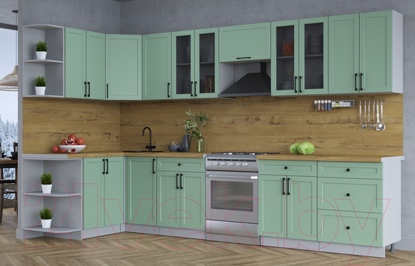 Изображение товара Кухонный гарнитур Интерлиния Тренд 1.5x3.4 левая (мята/мята/дуб бунратти)