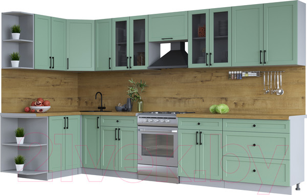 Изображение товара Кухонный гарнитур Интерлиния Тренд 1.5x3.5 левая (мята/мята/дуб бунратти)