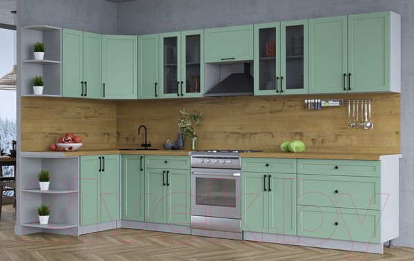 Изображение товара Кухонный гарнитур Интерлиния Тренд 1.5x3.5 левая (мята/мята/дуб бунратти)
