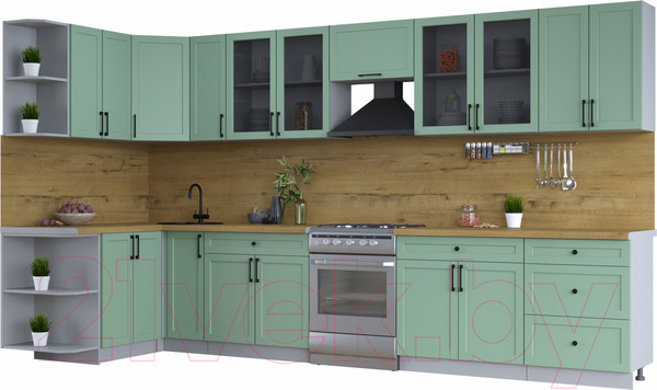 Изображение товара Кухонный гарнитур Интерлиния Тренд 1.5x3.7 левая (мята/мята/дуб бунратти)