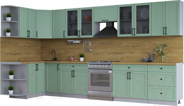 Изображение товара Кухонный гарнитур Интерлиния Тренд 1.5x3.8 левая (мята/мята/дуб бунратти)